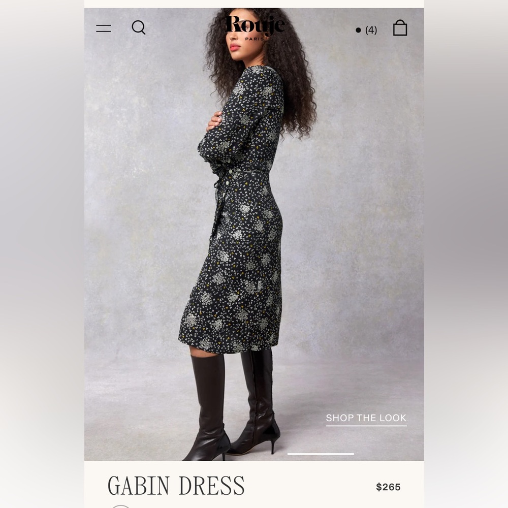 Black and white floral Gabín rouje long sleeve dress with small yellow flowers